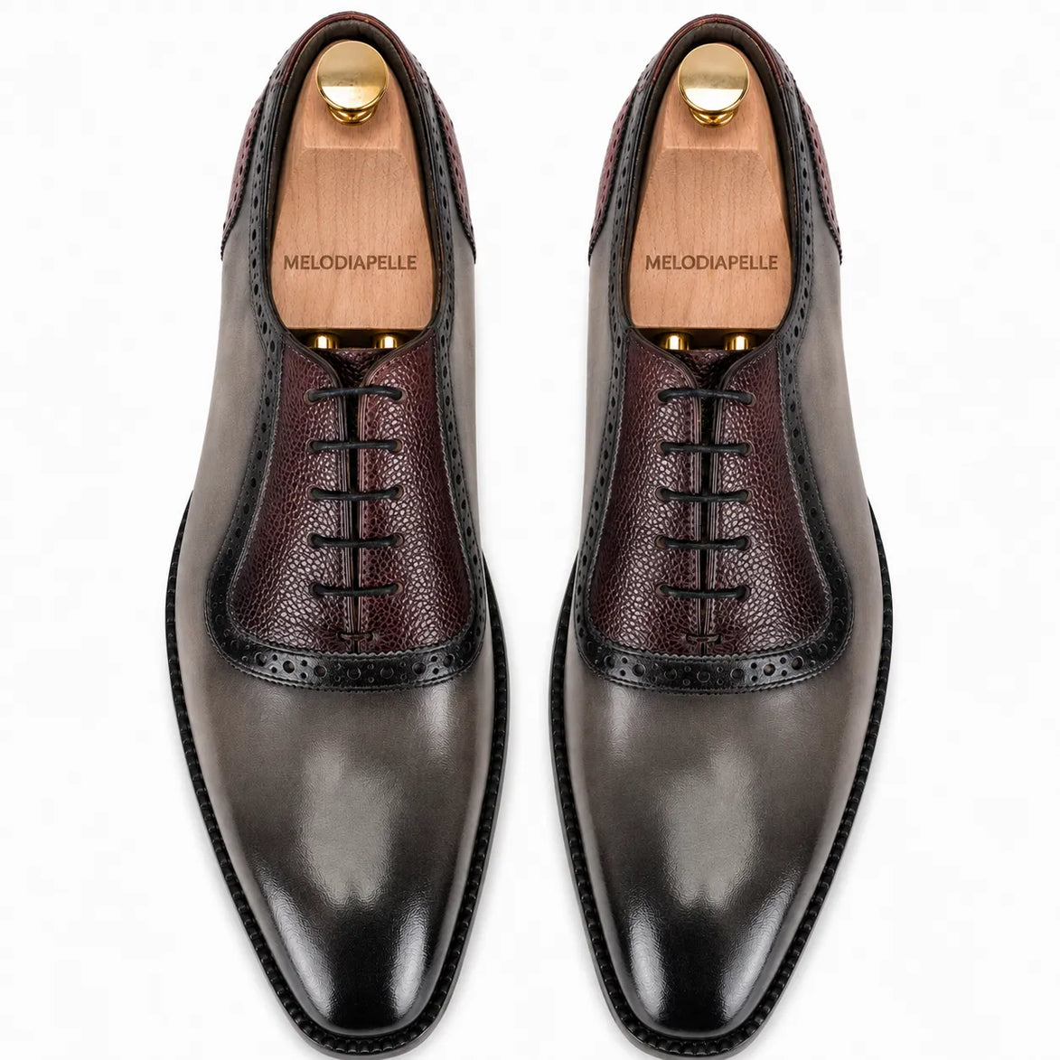 Melodiapelle Mondrian Two-Tone Saddle Oxford in storm grey and bordeaux leather, pair top-down view, handcrafted in Agra