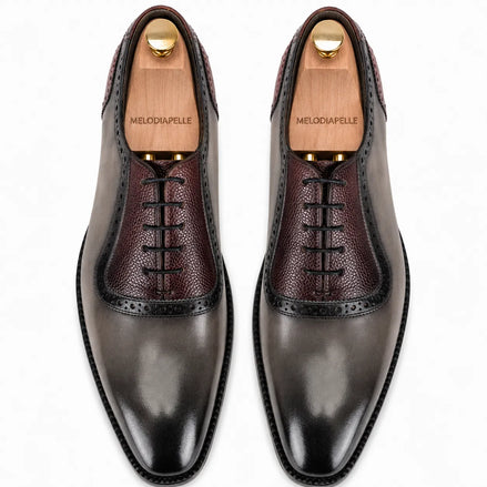 Melodiapelle Mondrian Two-Tone Saddle Oxford in storm grey and bordeaux leather, pair top-down view, handcrafted in Agra