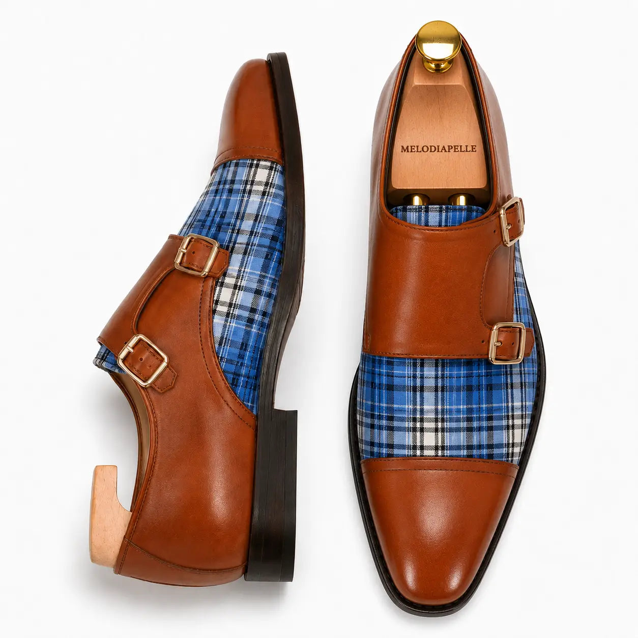Monfort Tartan MonkTan leather double monk strap shoe with blue tartan panel, three-quarter angle showing buckles and heel Strap Double