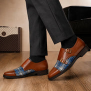 Melodiapelle Monfort Tartan Monk Strap in tan leather with blue tartan panel worn with trousers, styled on-feet shot