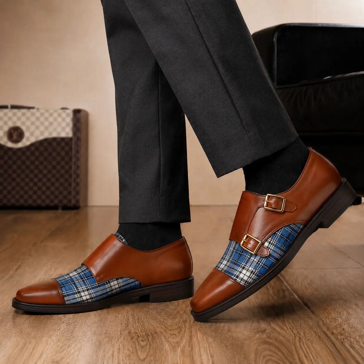 Melodiapelle Monfort Tartan Monk Strap in tan leather with blue tartan panel worn with trousers, styled on-feet shot