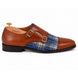 Side profile of the Monfort Tartan Monk Strap in tan leather with blue tartan detailing on white background