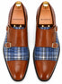 Melodiapelle Monfort Tartan Monk Strap in tan leather with blue tartan panel, pair top-down view, handcrafted in Agra
