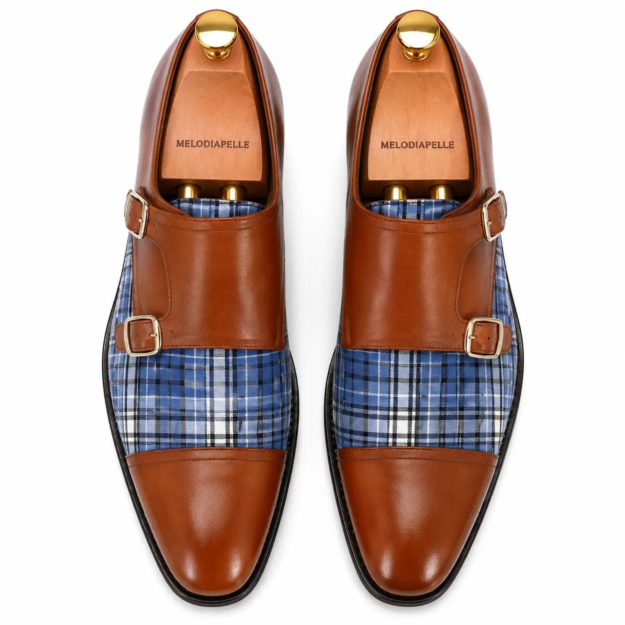 Melodiapelle Monfort Tartan Monk Strap in tan leather with blue tartan panel, pair top-down view, handcrafted in Agra