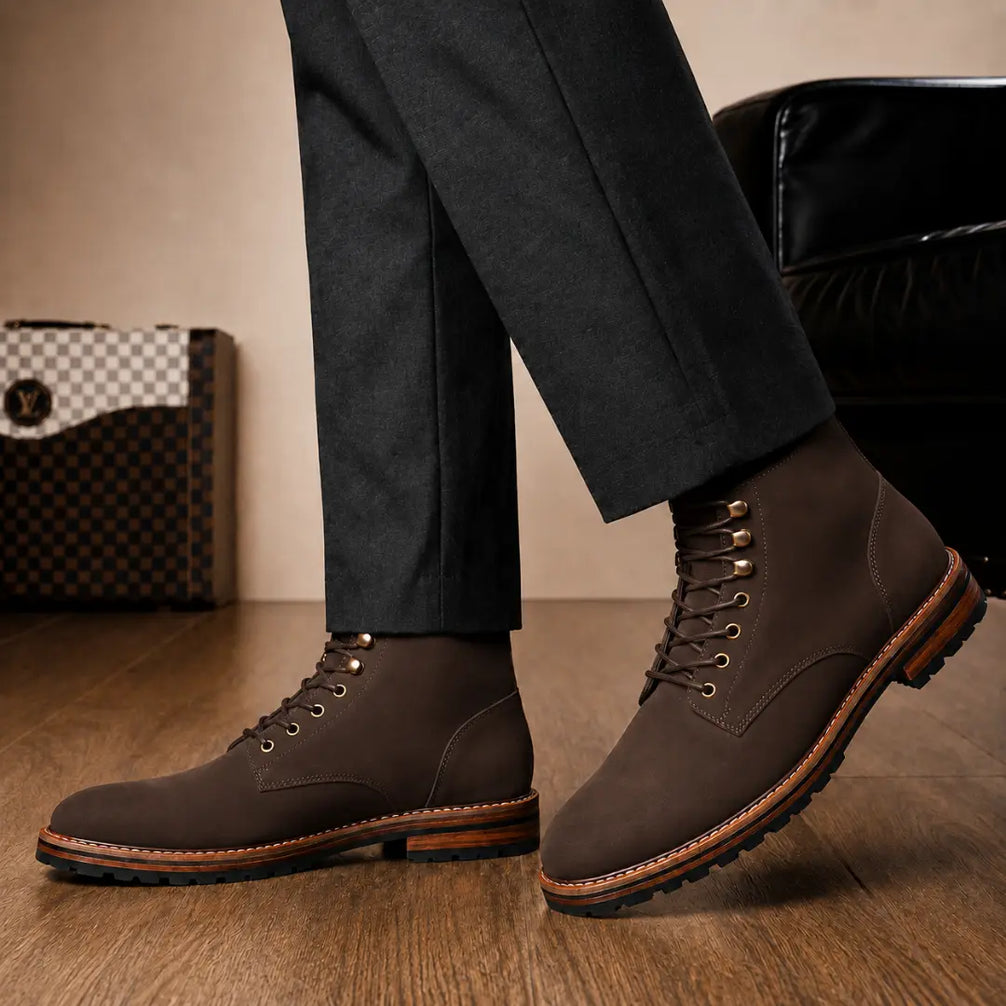 Melodiapelle Montblanc Heritage Lace-Up Boot in brown leather worn with trousers, on-feet shot