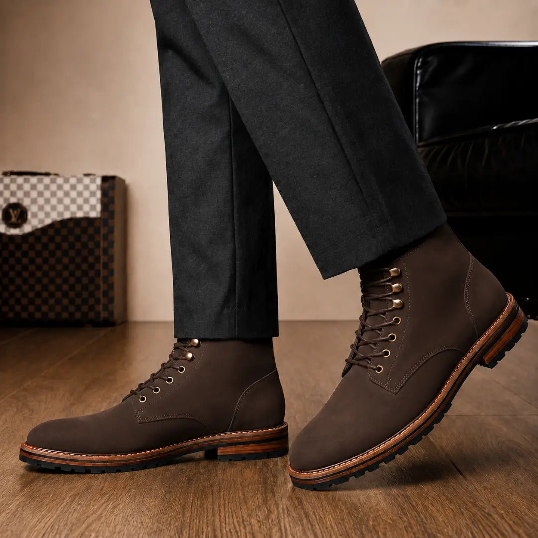 Melodiapelle Montblanc Heritage Lace-Up Boot in brown leather worn with trousers, on-feet shot