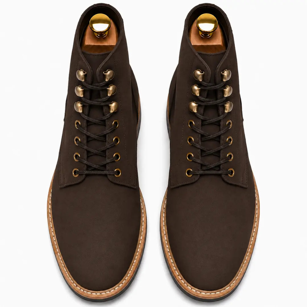 Melodiapelle Montblanc Heritage Lace-Up Boot in brown leather, pair top-down view, handcrafted in Agra