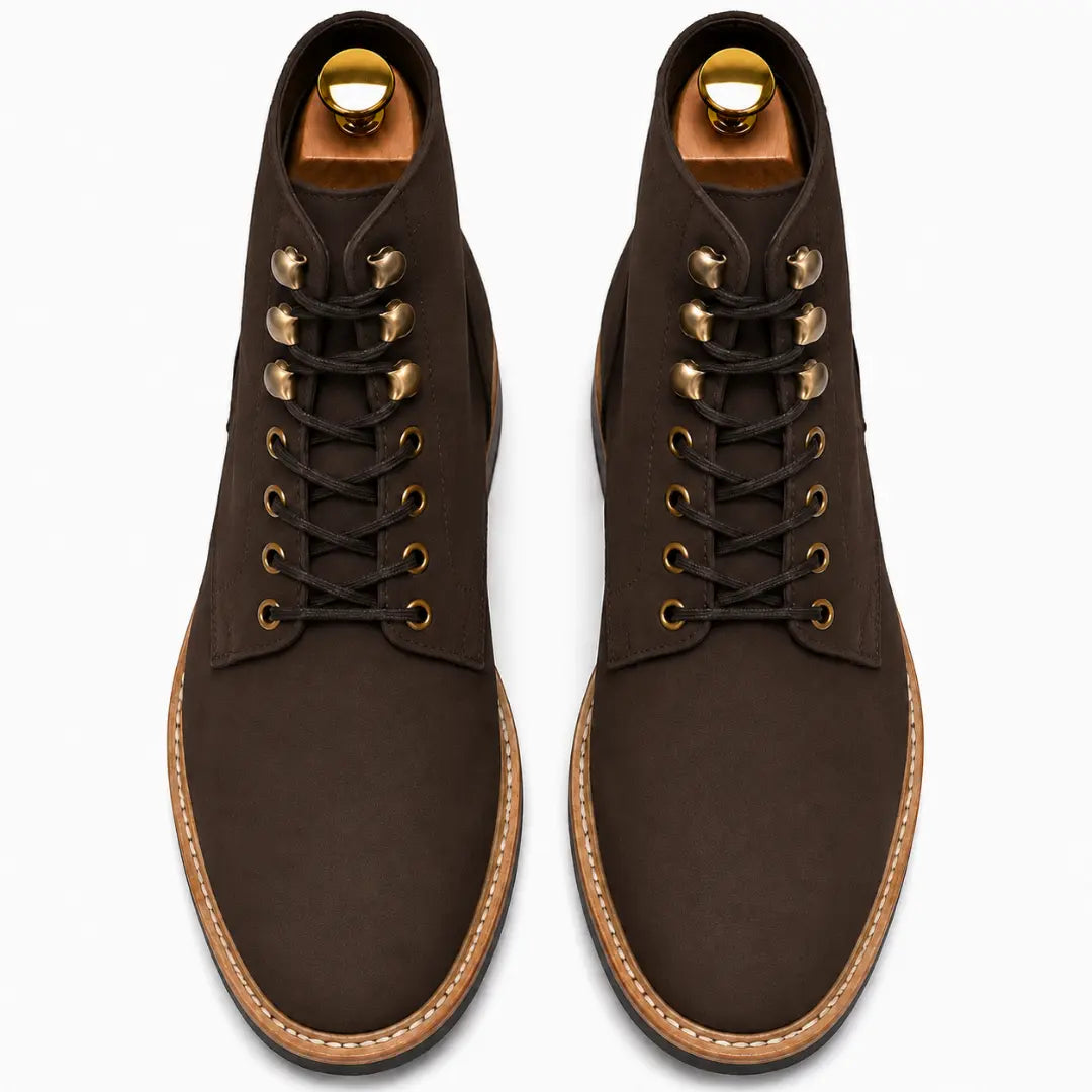 Melodiapelle Montblanc Heritage Lace-Up Boot in brown leather, pair top-down view, handcrafted in Agra