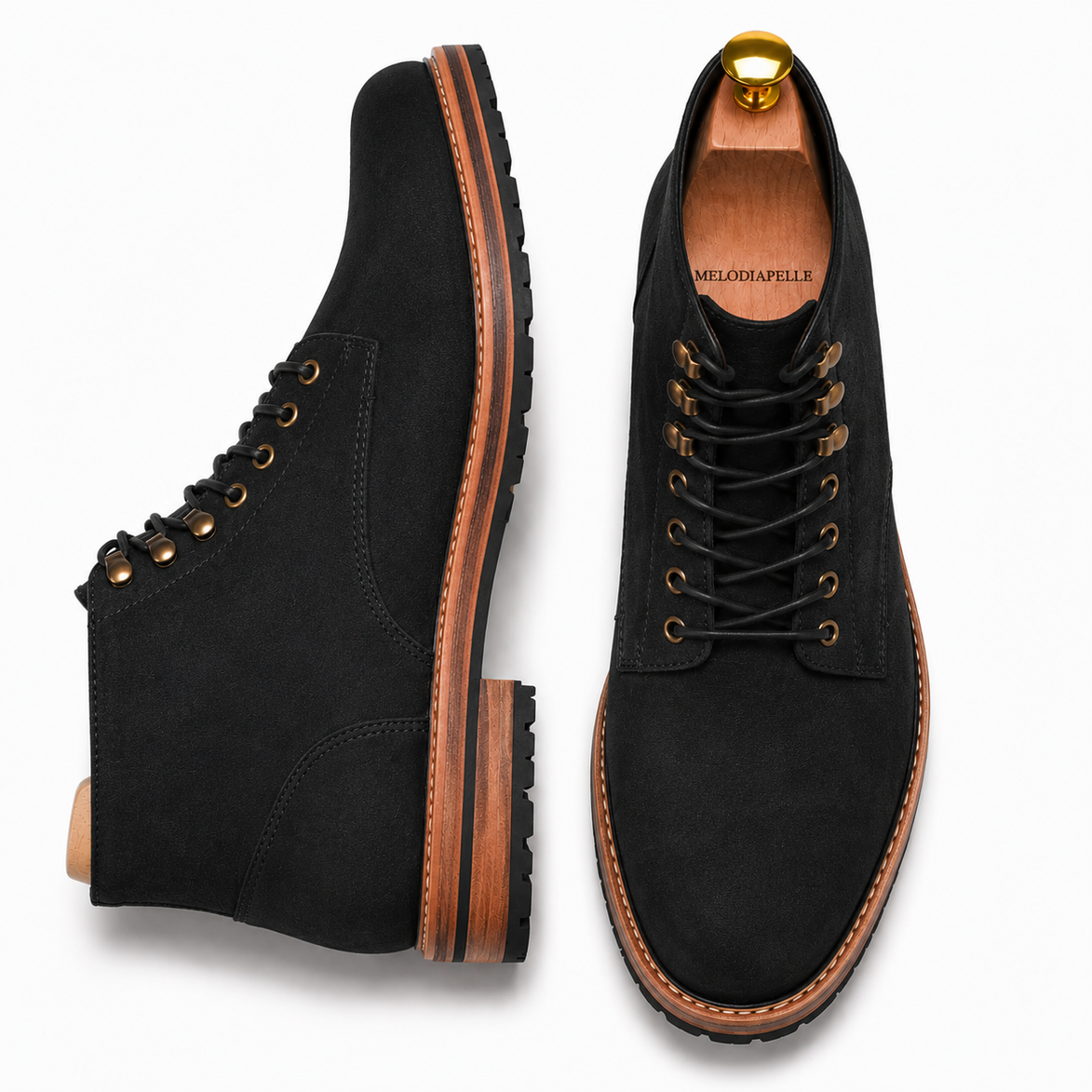 Nero black leather heritage lace-up boot, three-quarter angle showing heel and sole detailing