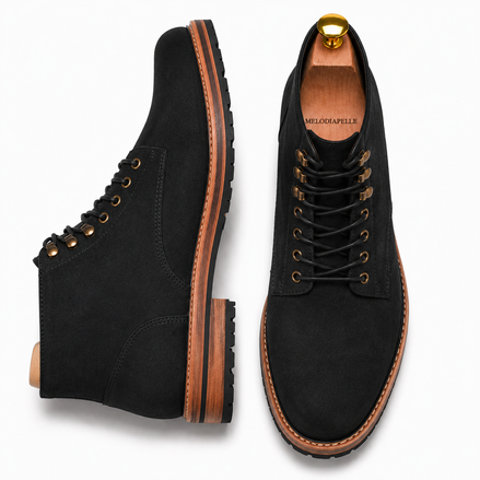 Nero black leather heritage lace-up boot, three-quarter angle showing heel and sole detailing