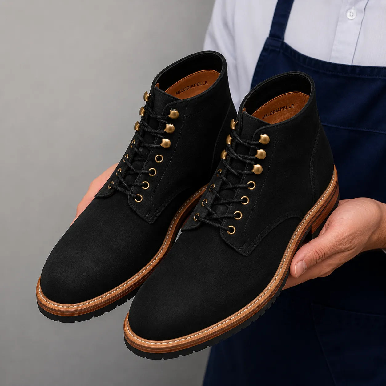 Man holding a pair of Melodiapelle Montblanc Heritage Lace-Up Boots in nero black leather, close-up