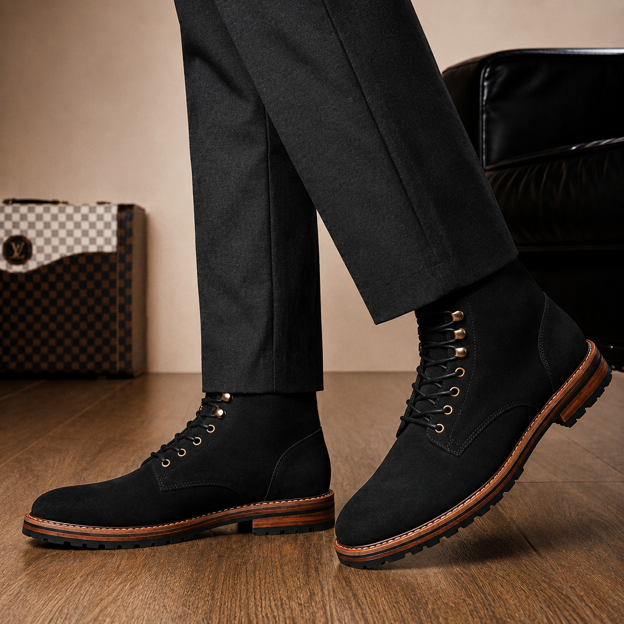 Melodiapelle Montblanc Heritage Lace-Up Boot in nero black leather worn with trousers, on-feet shot