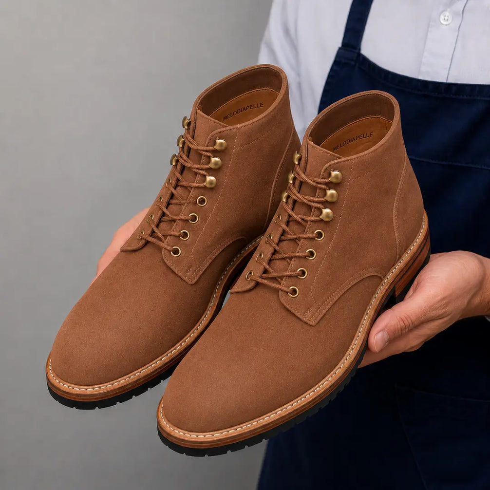Man holding a pair of Melodiapelle Montblanc Heritage Lace-Up Boots in tan leather, close-up
