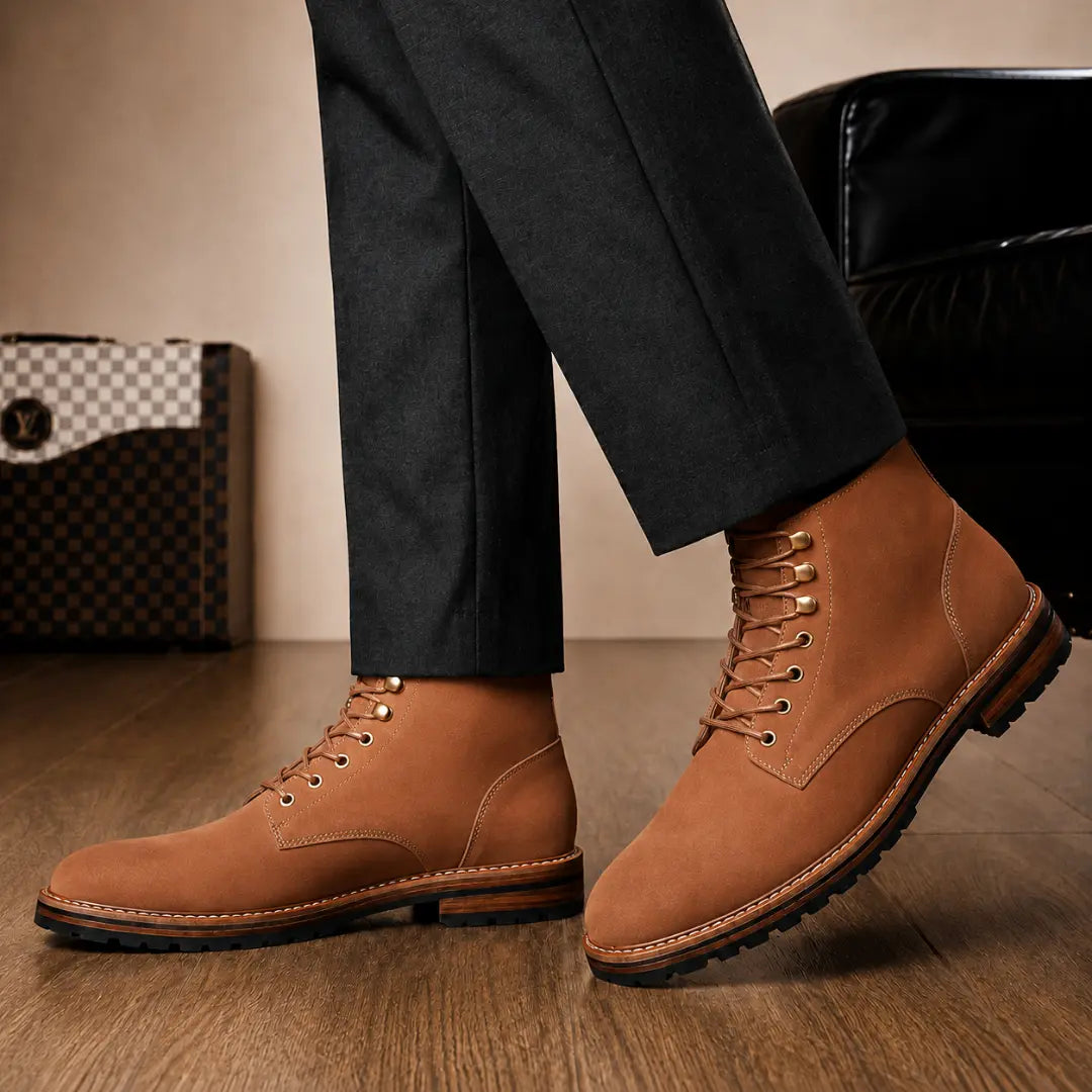 Melodiapelle Montblanc Heritage Lace-Up Boot in tan leather worn with trousers, on-feet shot