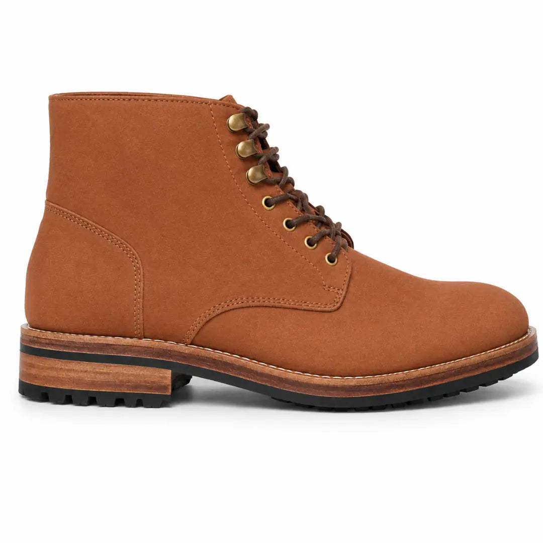 Side profile of the Montblanc Heritage Lace-Up Boot in tan leather on white background