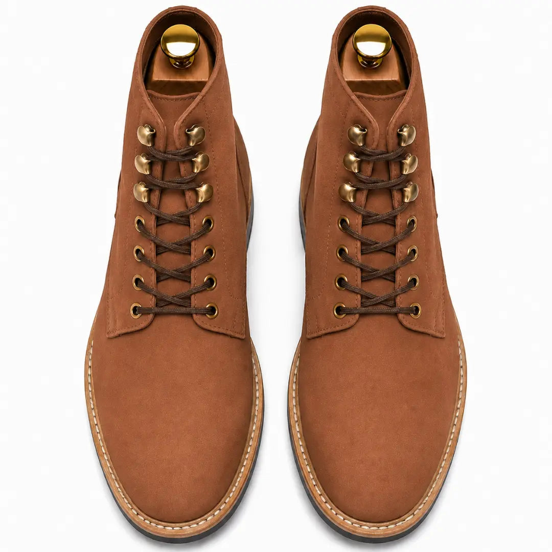 Melodiapelle Montblanc Heritage Lace-Up Boot in tan leather, pair top-down view, handcrafted in Agra