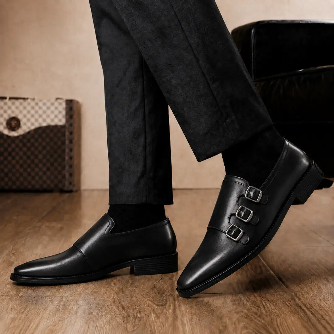 Melodiapelle Montecito Double Monk Strap in black leather worn with formal trousers, on-feet shot