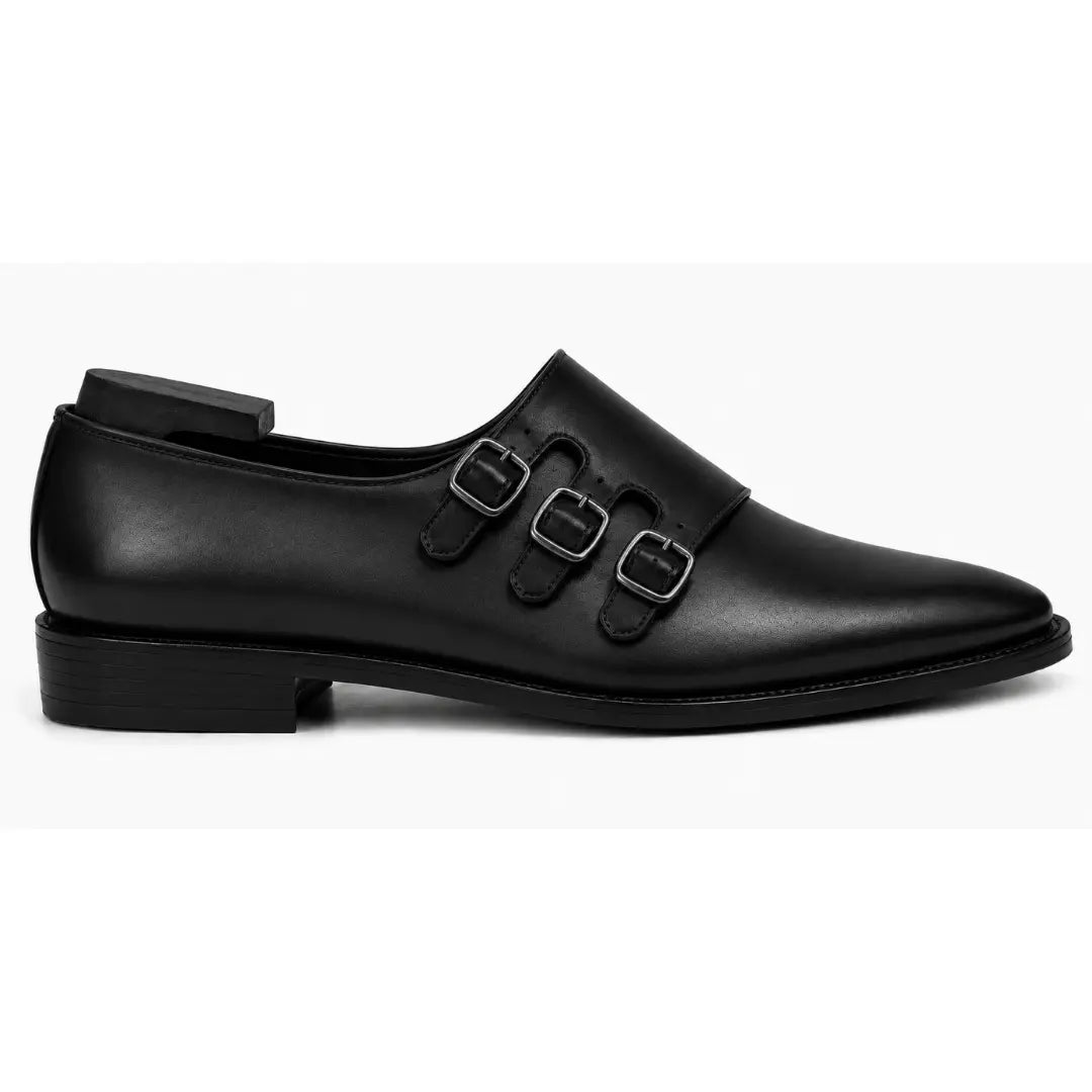Side profile of the Montecito Double Monk Strap in black leather on white background