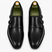 Melodiapelle Montecito Double Monk Strap in black leather, pair top-down view, handcrafted in Agra