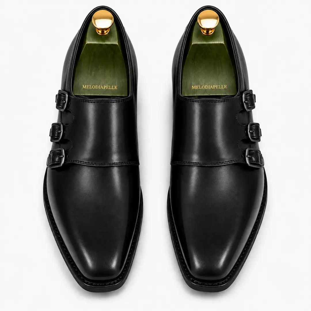 Melodiapelle Montecito Double Monk Strap in black leather, pair top-down view, handcrafted in Agra