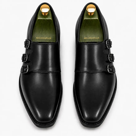 Melodiapelle Montecito Double Monk Strap in black leather, pair top-down view, handcrafted in Agra