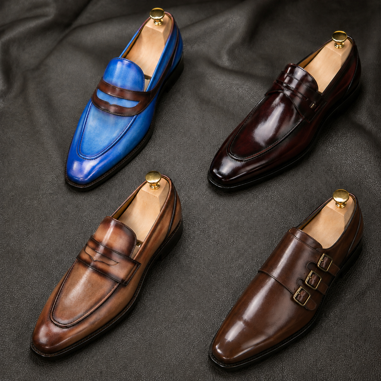 Melodiapelle Montecito Double Monk Strap collection in brown, tan and black leather, handcrafted double monk strap shoes displayed together