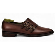 Side profile of the Montecito Double Monk Strap in dark chocolate leather on white background