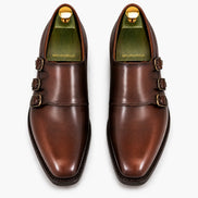 Melodiapelle Montecito Double Monk Strap in dark chocolate leather, pair top-down view, handcrafted in Agra