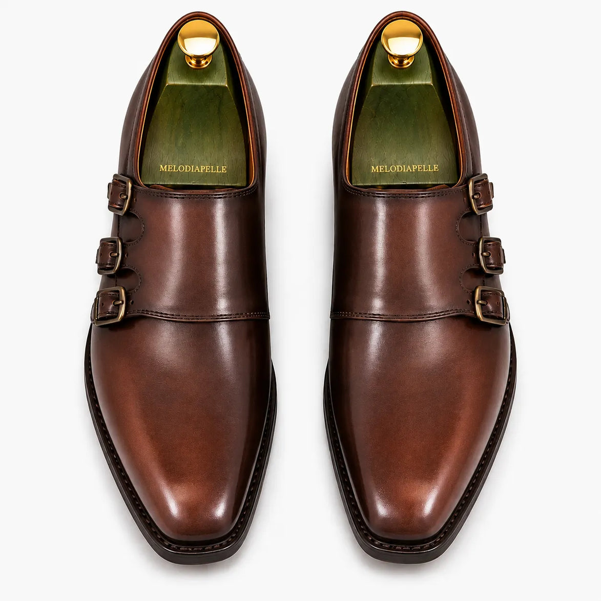 Melodiapelle Montecito Double Monk Strap in dark chocolate leather, pair top-down view, handcrafted in Agra