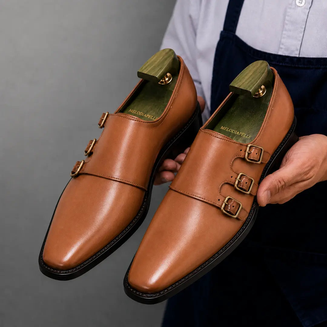 Man holding a pair of Melodiapelle Montecito Double Monk Strap shoes in tan leather, close-up