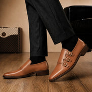 Melodiapelle Montecito Double Monk Strap in tan leather worn with formal trousers, on-feet shot