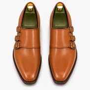 Melodiapelle Montecito Double Monk Strap in tan leather, pair top-down view, handcrafted in Agra
