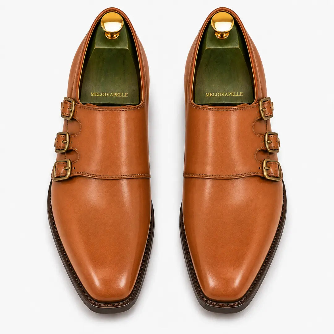Melodiapelle Montecito Double Monk Strap in tan leather, pair top-down view, handcrafted in Agra