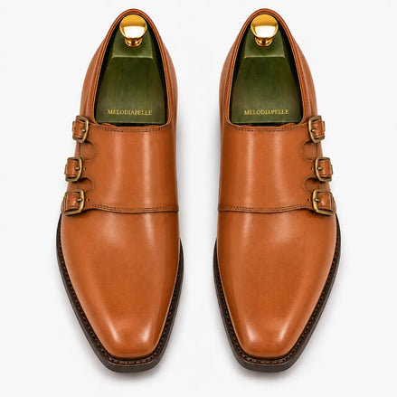 Melodiapelle Montecito Double Monk Strap in tan leather, pair top-down view, handcrafted in Agra