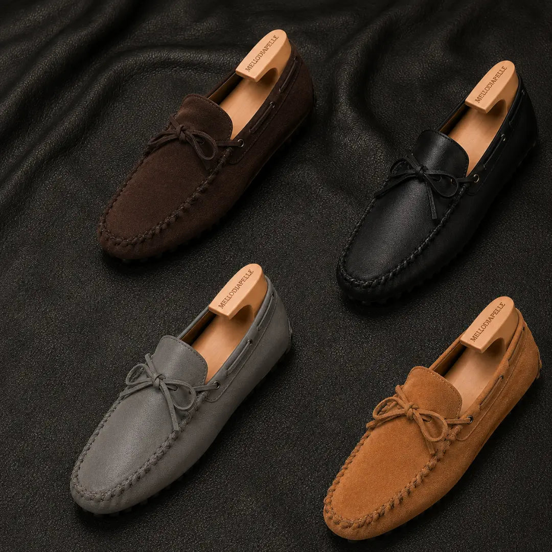 Melodiapelle Montgomery Loafer collection in camel tan, black and dark brown suede, handcrafted driving loafers displayed together
