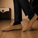Melodiapelle Montgomery Loafer in camel tan suede worn with trousers, on-feet shot