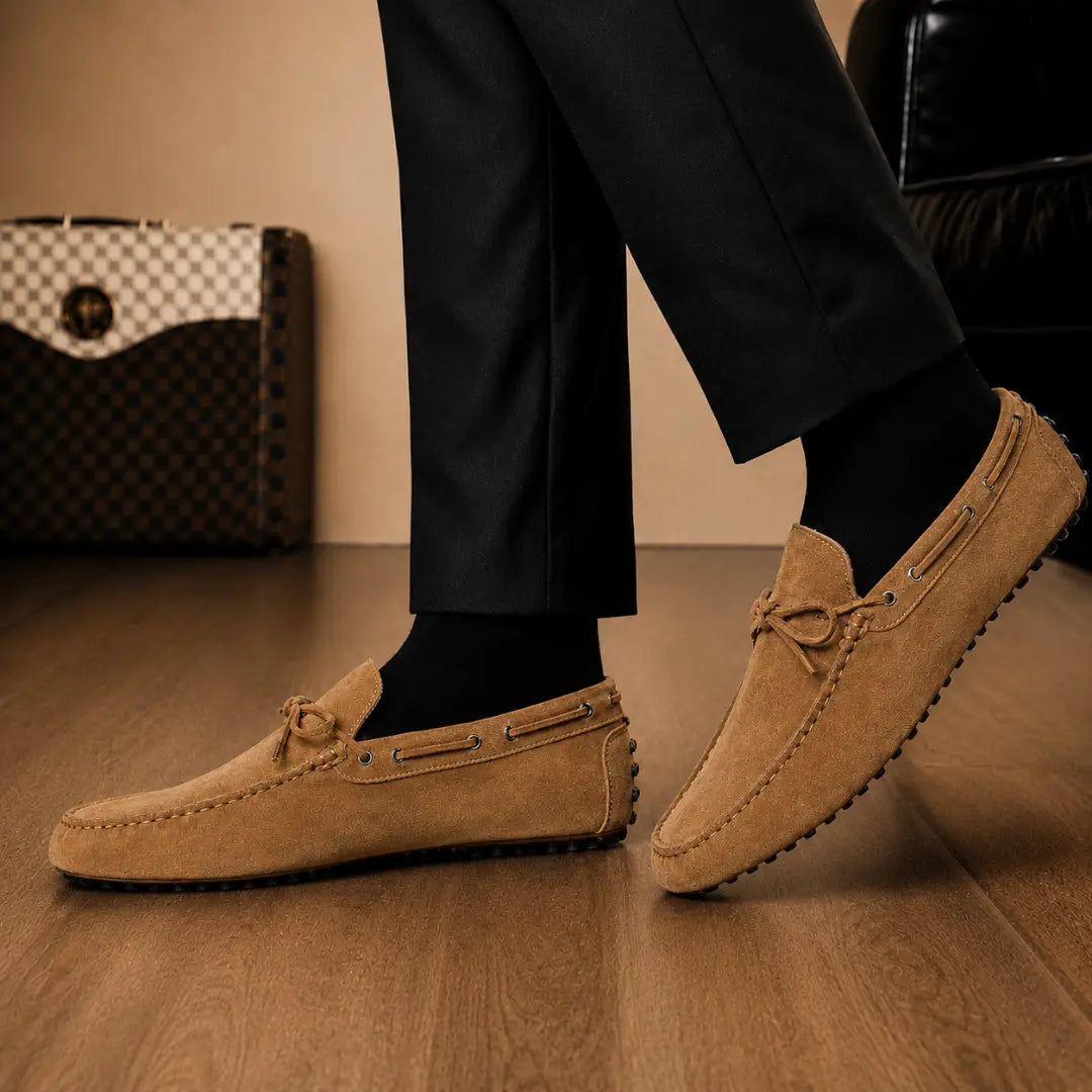 Melodiapelle Montgomery Loafer in camel tan suede worn with trousers, on-feet shot