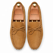 Melodiapelle Montgomery Loafer in camel tan suede, pair top-down view, handcrafted in Agra