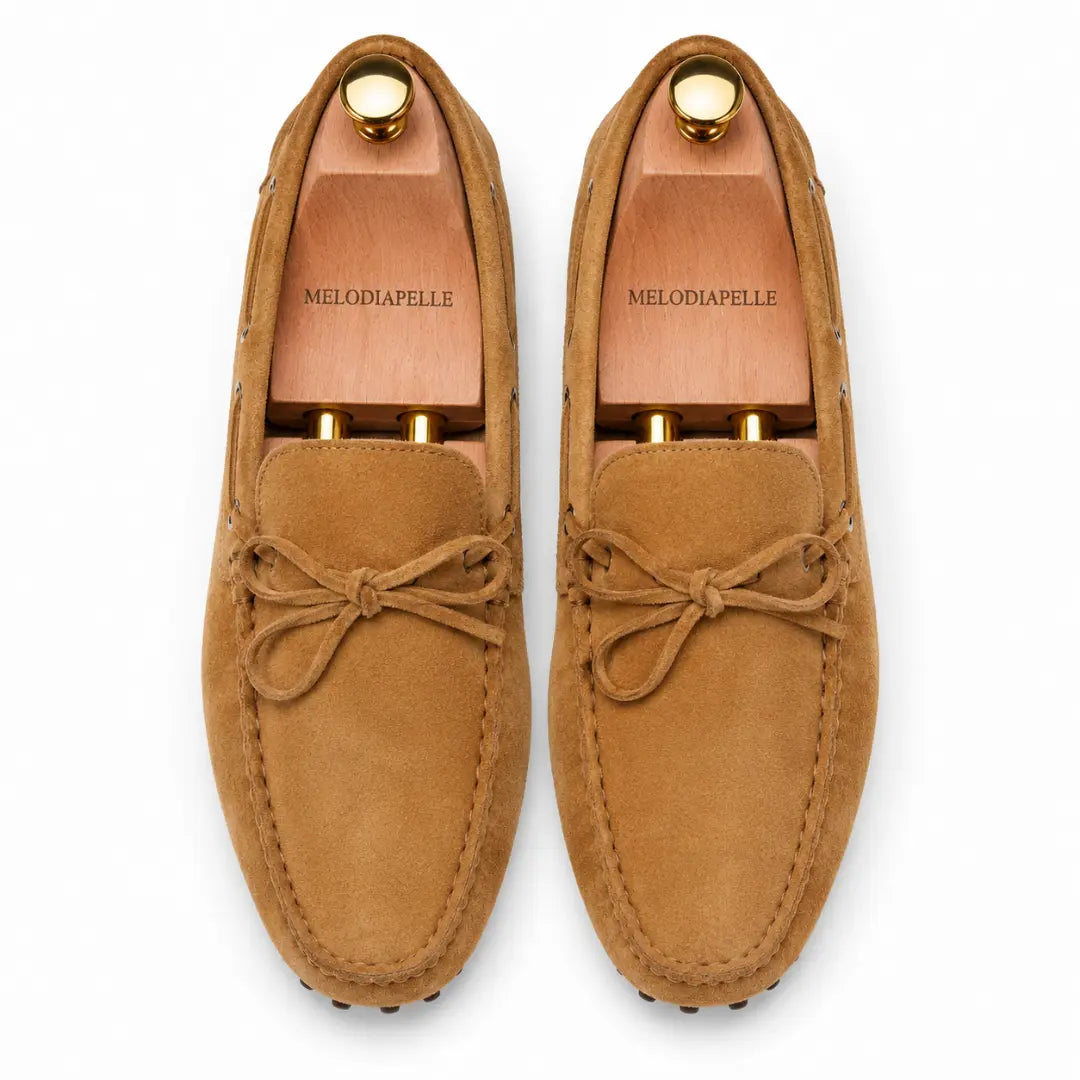 Melodiapelle Montgomery Loafer in camel tan suede, pair top-down view, handcrafted in Agra