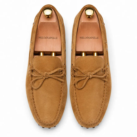 Melodiapelle Montgomery Loafer in camel tan suede, pair top-down view, handcrafted in Agra