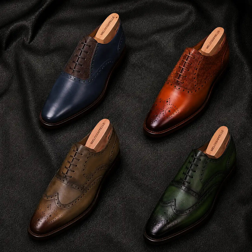 Melodiapelle Montserrat Two-Tone Saddle Oxford collection in navy, brown, black and tan leather, handcrafted saddle Oxford shoes displayed together