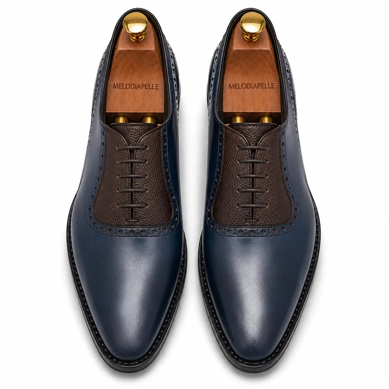 Melodiapelle Montserrat Two-Tone Saddle Oxford in navy and dark brown leather, pair top-down view, handcrafted in Agra