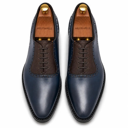 Melodiapelle Montserrat Two-Tone Saddle Oxford in navy and dark brown leather, pair top-down view, handcrafted in Agra