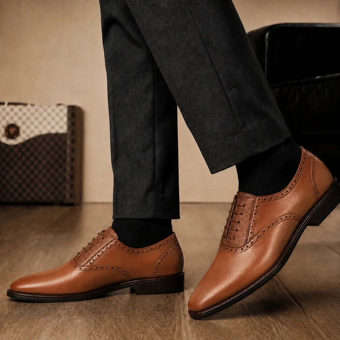 Melodiapelle Montserrat Two-Tone Saddle Oxford in tan leather worn with formal trousers, on-feet shot