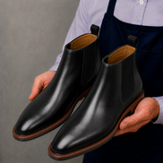 Man holding a pair of Melodiapelle Moorfield Slim Chelsea Boots in black suede, close-up