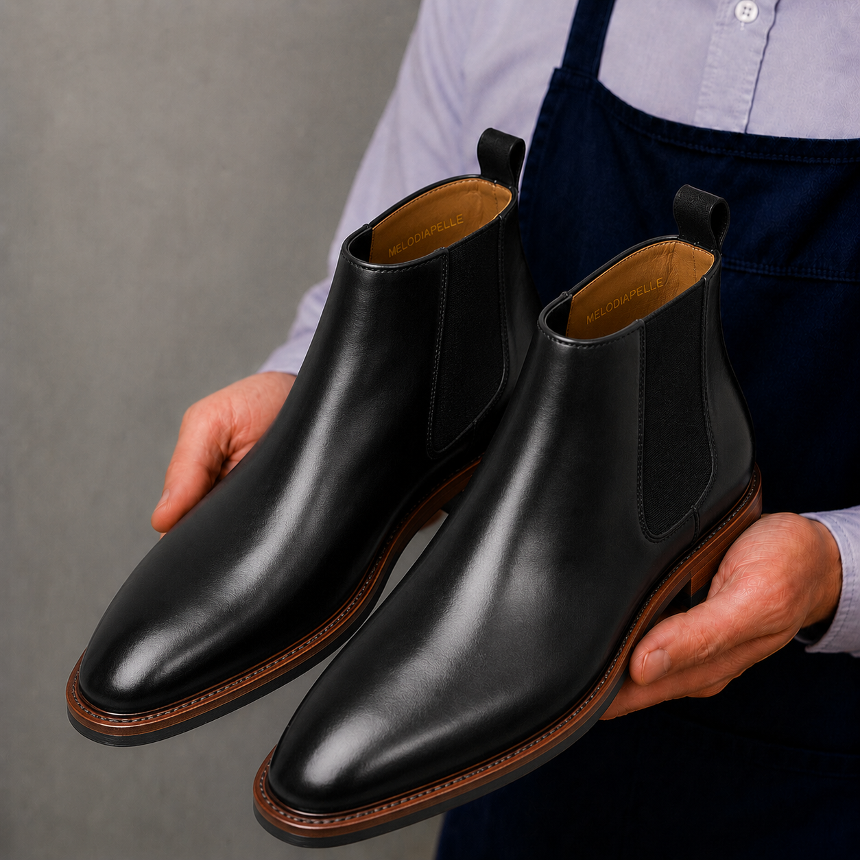 Man holding a pair of Melodiapelle Moorfield Slim Chelsea Boots in black suede, close-up