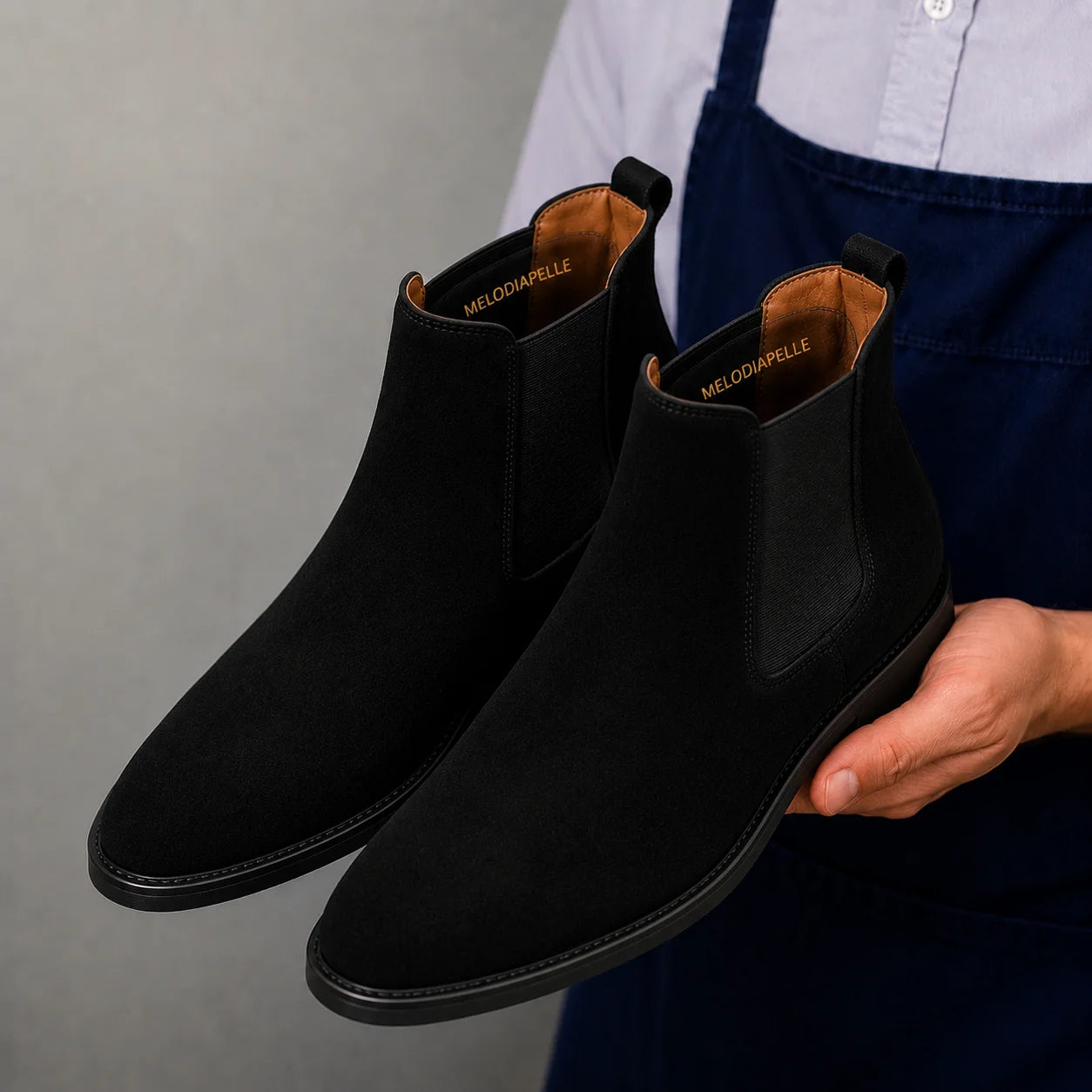 Man holding a pair of Melodiapelle Moorgate Suede Chelsea Boots in jet black suede, close-up