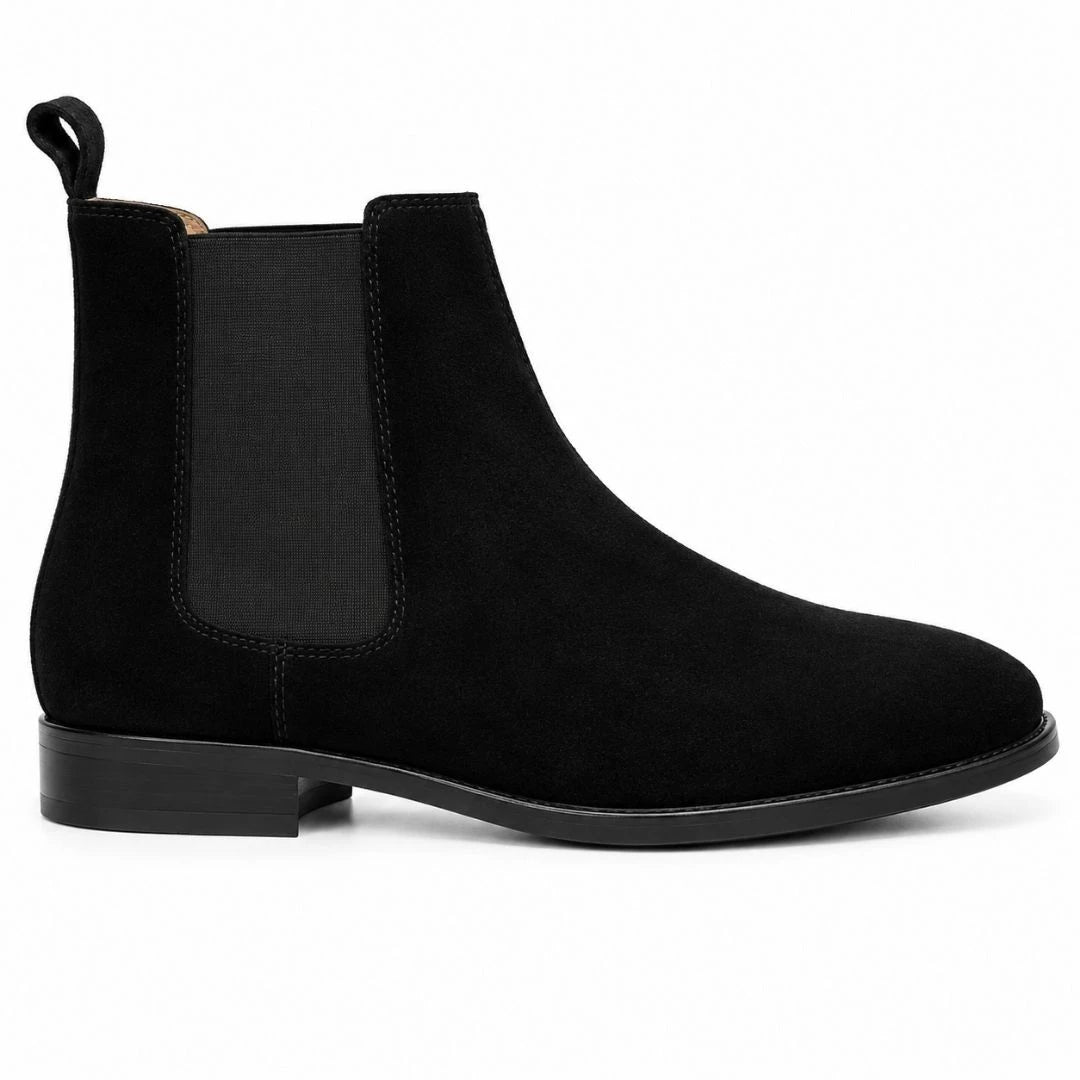 Side profile of the Moorgate Suede Chelsea Boot in jet black suede on white background