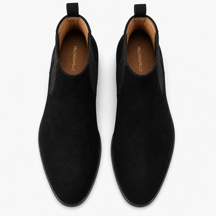 Melodiapelle Moorgate Suede Chelsea Boot in jet black suede, pair top-down view, handcrafted in Agra