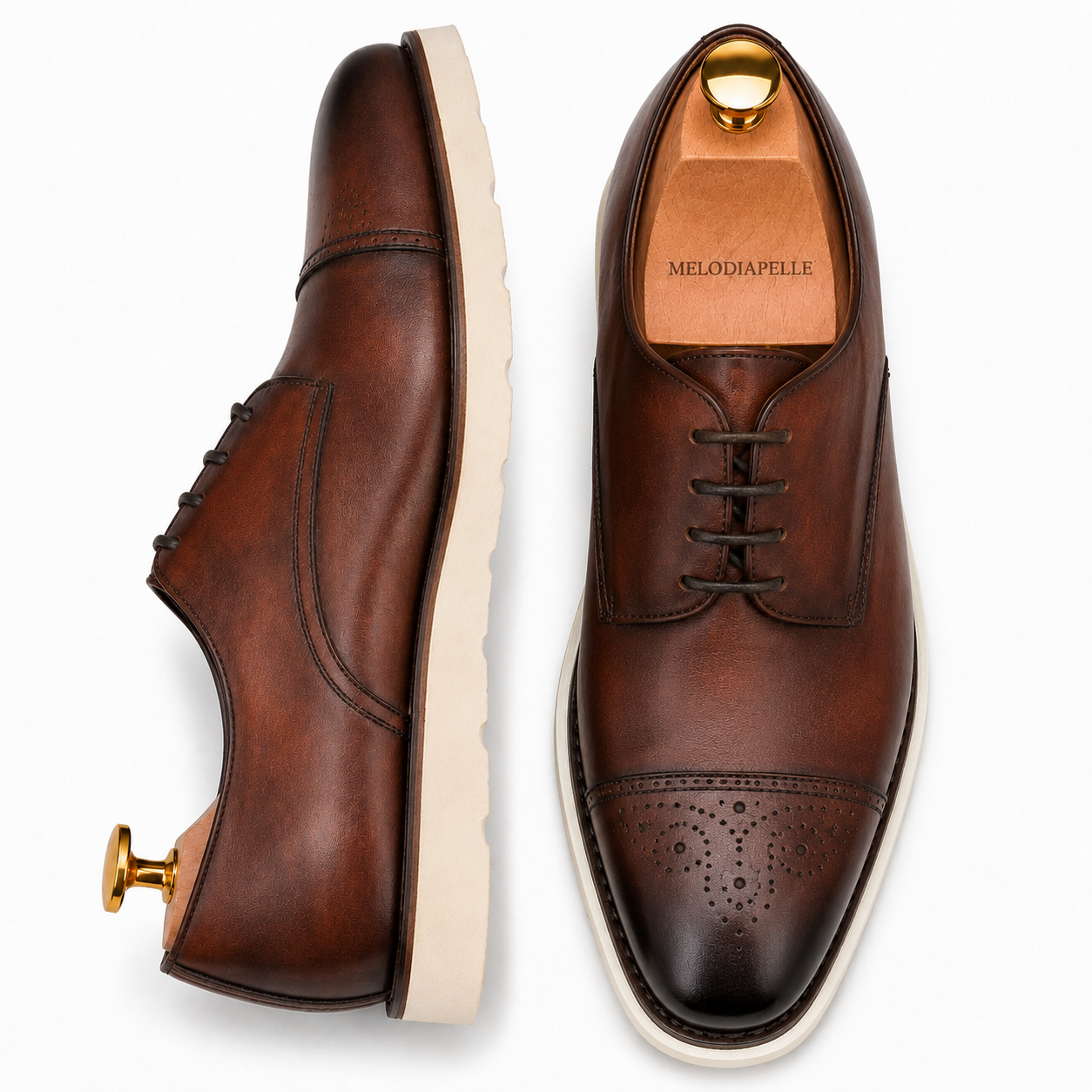 Dark chocolate leather cap-toe Derby, three-quarter angle showing heel and brogue detailing